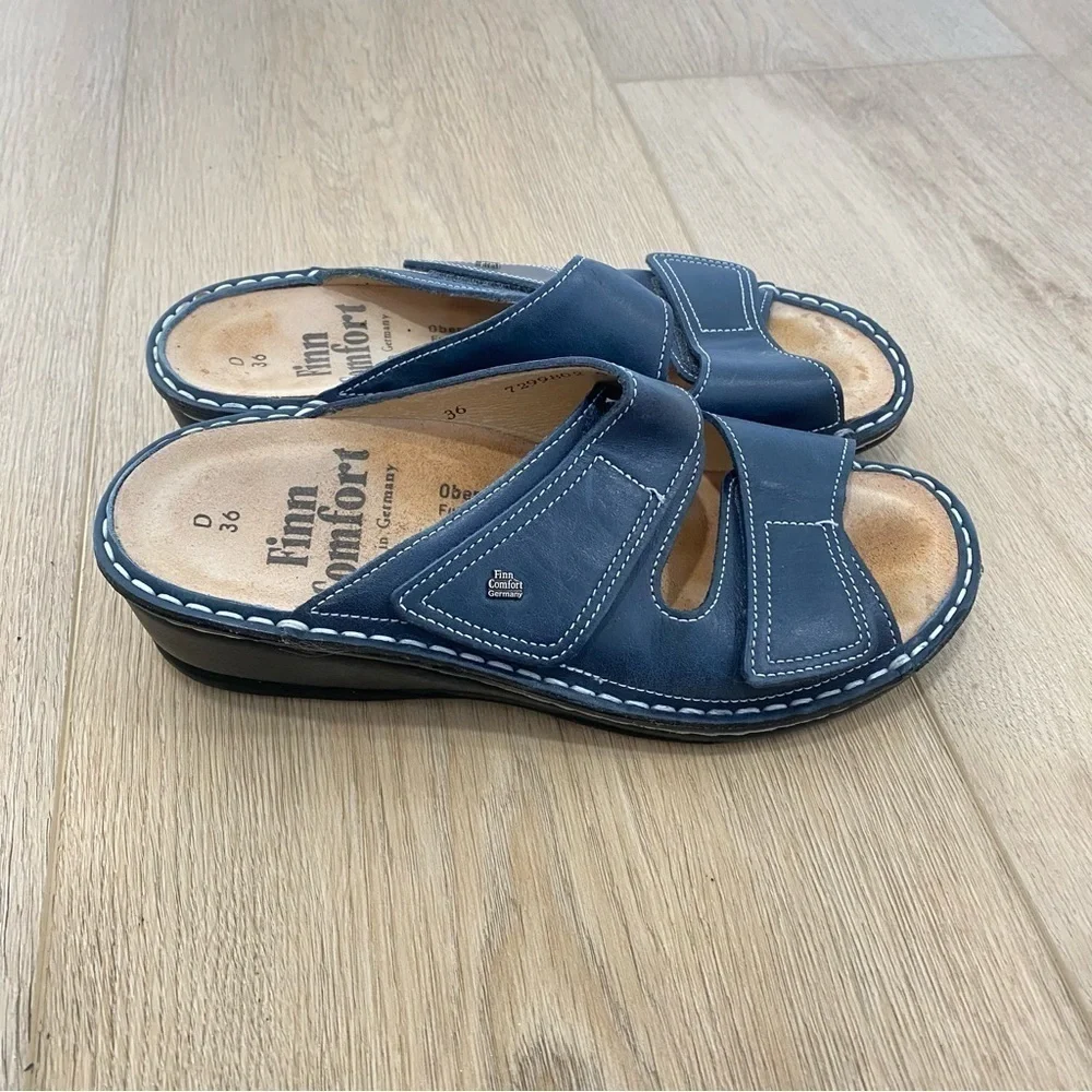 Finn Comfort Riad Blue Leather Sandals Shoes Double Adjustable Strap 36